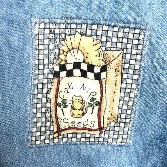 VINTAGE chambray down shirt with cat patches fits size XL crazy cat lady - Picture 5 of 10